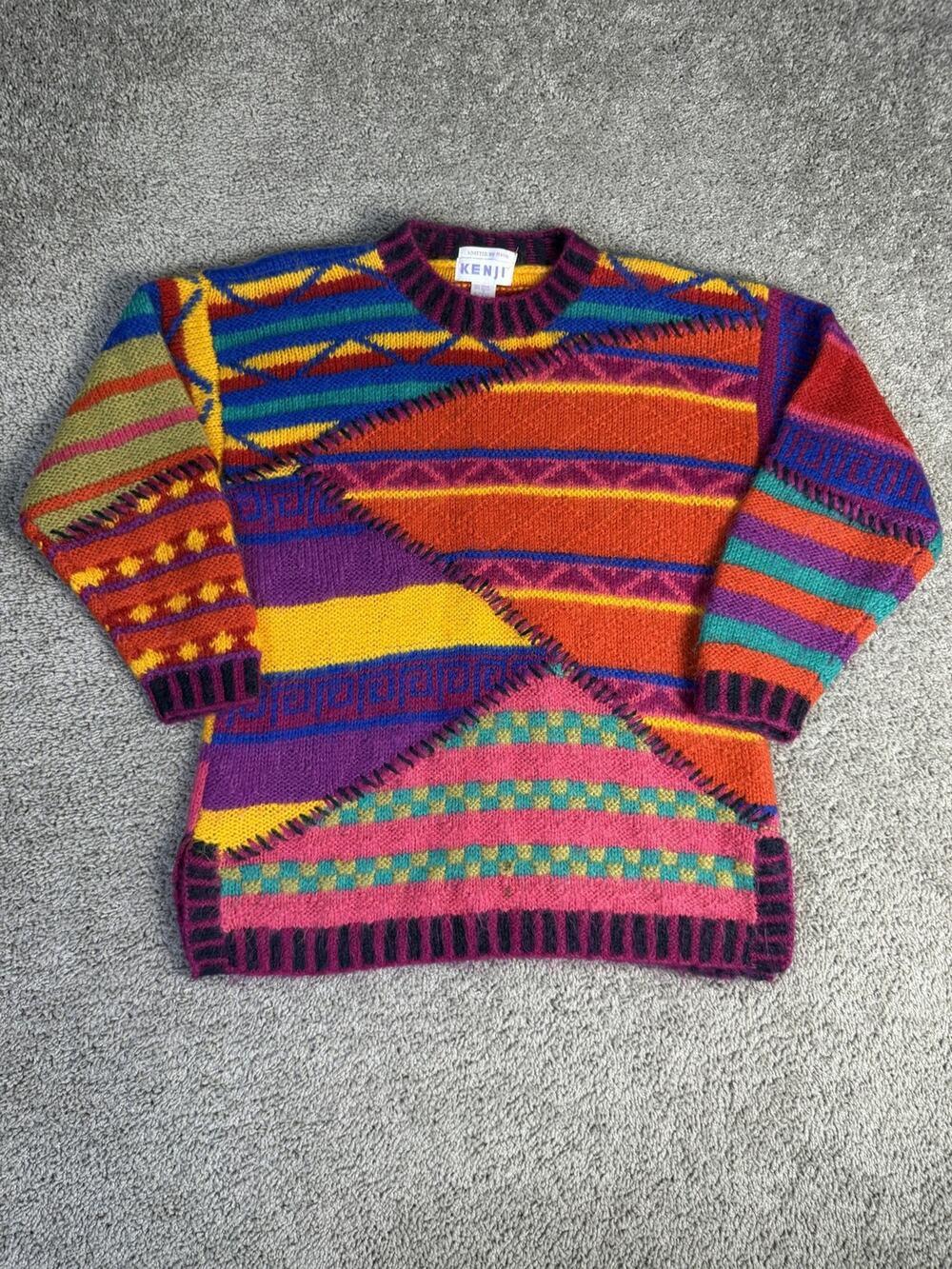 Vintage Kenji Sweater Womens S Fuzzy Mohair Blend Colorful 80s 90s 3D Knit